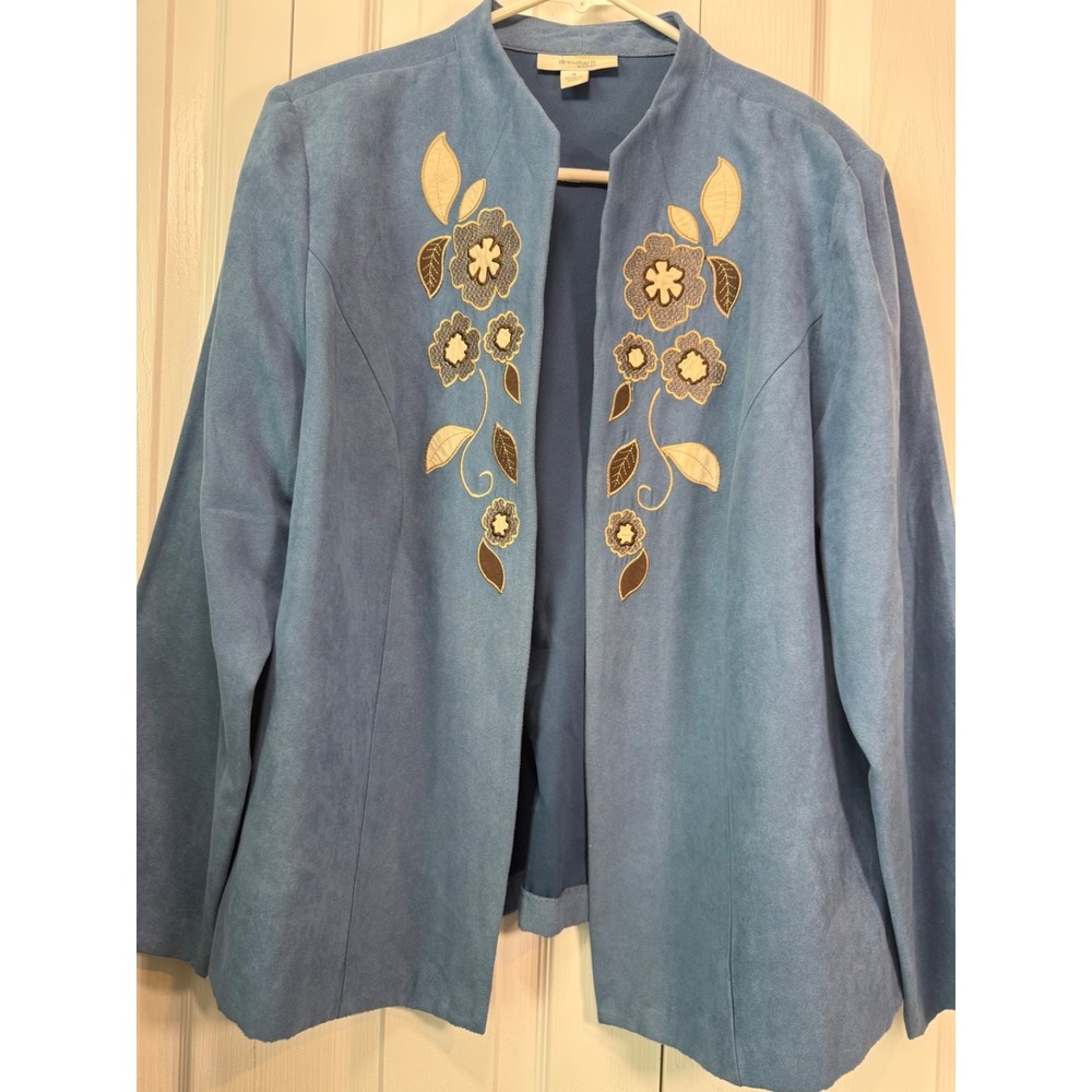 Dressbarn Woman 1X Blue Open Front Jacket Floral Embroidery Faux Suede Shoulder